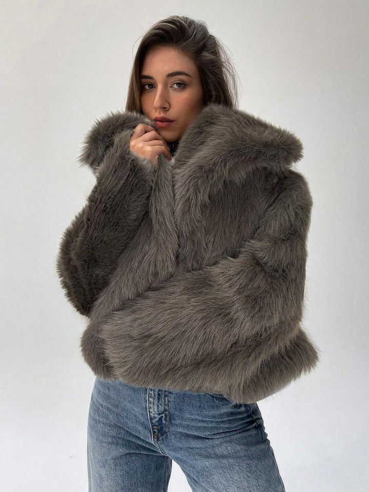Damen Modischer Kunstpelz-Cropped-Jacke mit voluminösen Ärmeln Drune