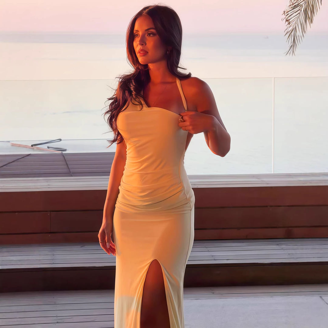 Damen Elegantes Maxikleid mit asymmetrischem Ausschnitt und Schlitz Drune