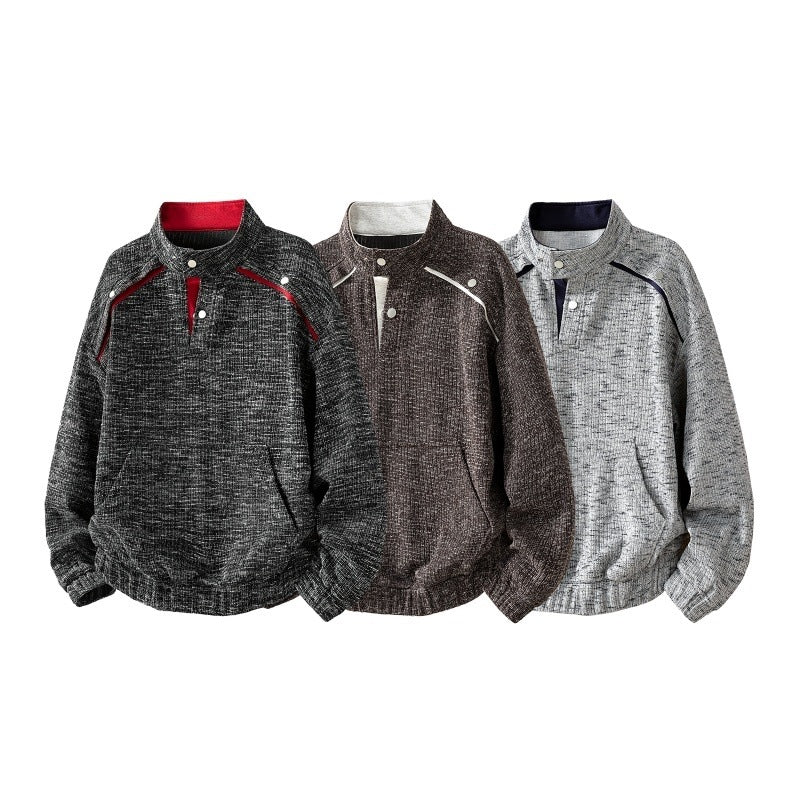 Herren Oversize Struktur-Halbzip-Strickpullover mit Stehkragen, Druckknopfblende & Kängurutasche Drune