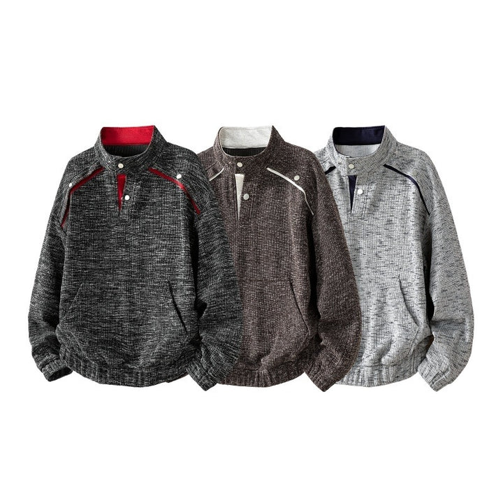 Herren Oversize Struktur-Halbzip-Strickpullover mit Stehkragen, Druckknopfblende & Kängurutasche Drune