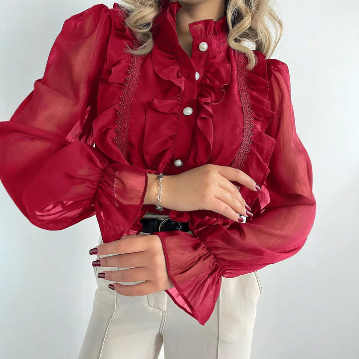 Damen Rüschenbluse aus Chiffon mit Stehkragen und Perlenknöpfen Drune