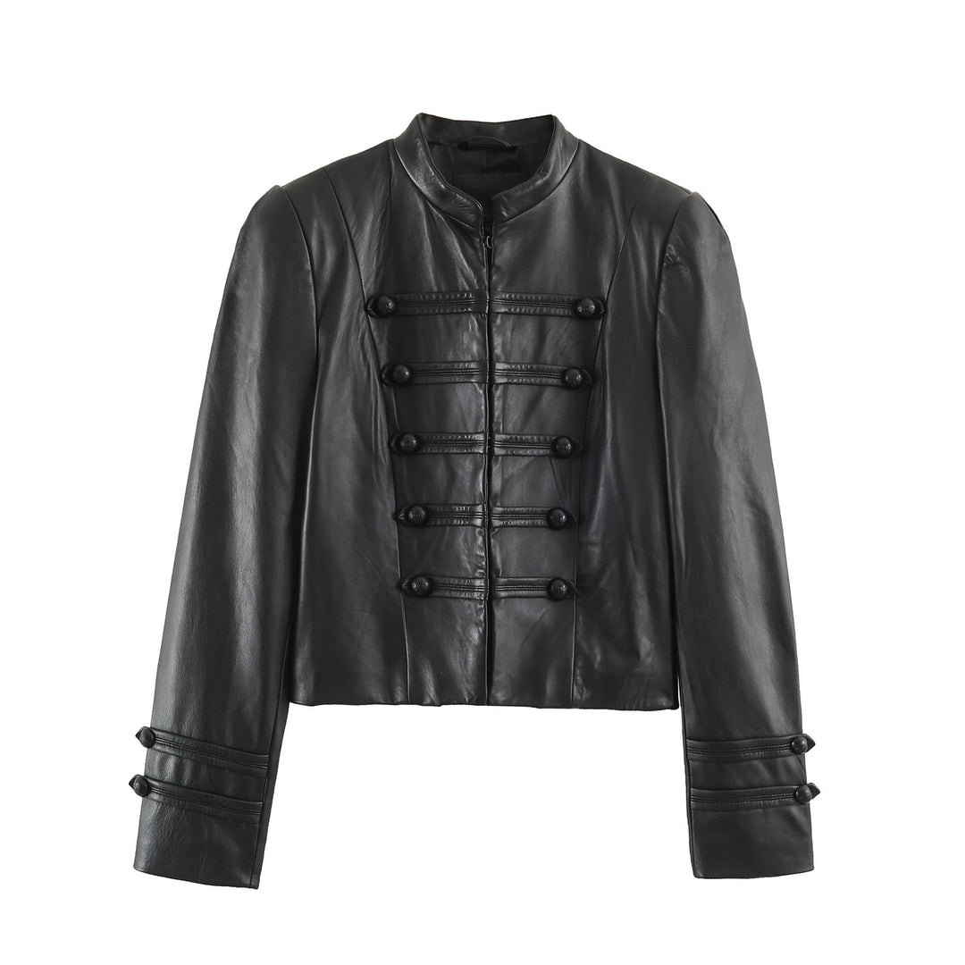 Damen Kurze Lederoptik‑Jacke im Military‑Look mit Stehkragen und Zierknopfleiste Drune