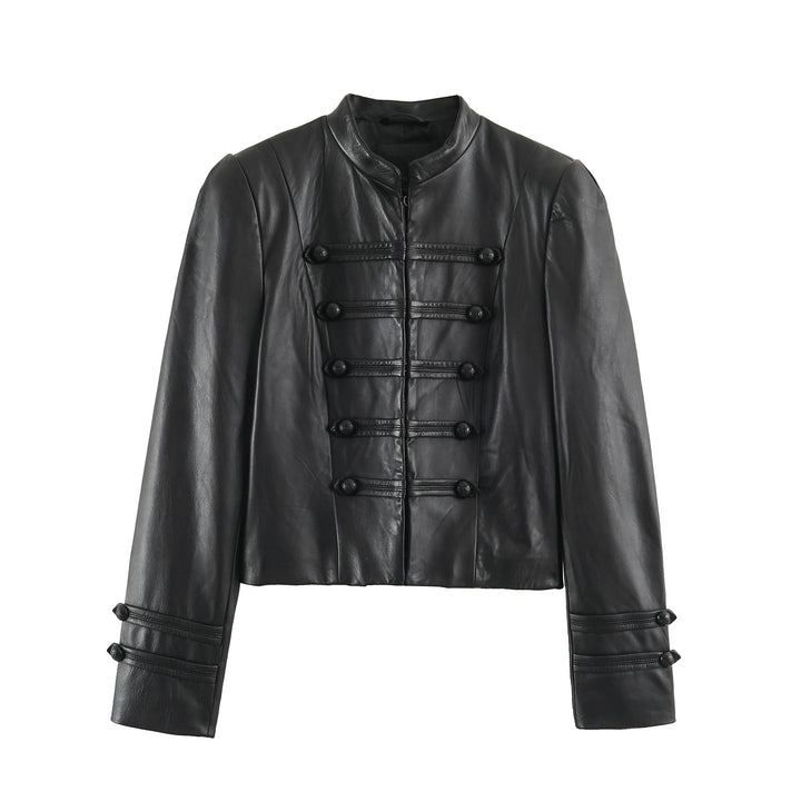 Damen Kurze Lederoptik‑Jacke im Military‑Look mit Stehkragen und Zierknopfleiste Drune