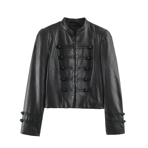 Damen Kurze Lederoptik‑Jacke im Military‑Look mit Stehkragen und Zierknopfleiste Drune