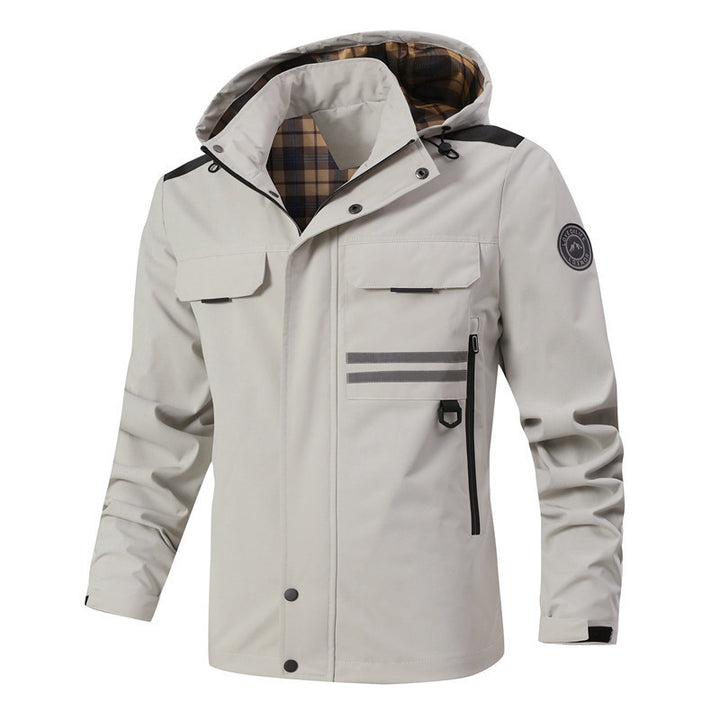 Herren Wasserdichte Fieldjacke mit Kapuze, reflektierenden Streifen und kariertem Innenfutter Drune