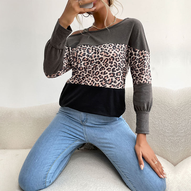 Damen Legerer Off-Shoulder Pullover mit Leoparden‑Print, Kontrastblöcken und Spaghettiträger Drune