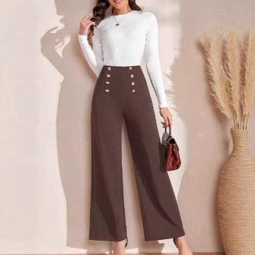 Damen nan hohe Taillenhose mit weitem Bein, maritim inspirierten Zierknöpfen Drune