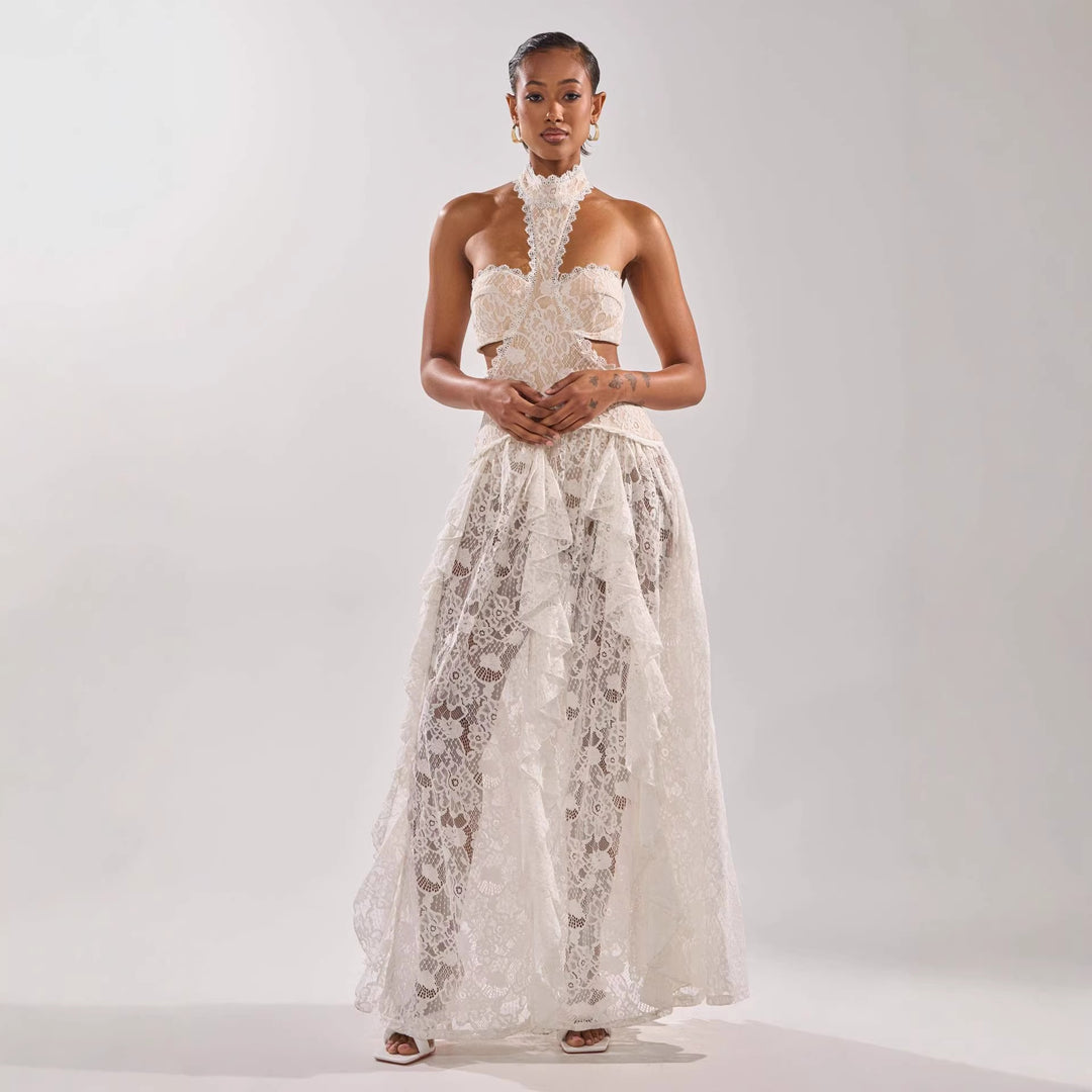Damen elegante Spitzentraumkleid mit hochgeschlossenem Kragen und fließendem Rock Drune