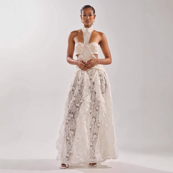 Damen elegante Spitzentraumkleid mit hochgeschlossenem Kragen und fließendem Rock Drune