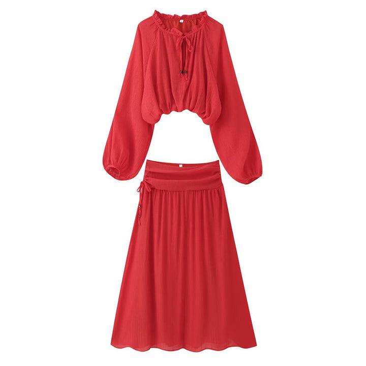 Damen Zweiteiliges Boho-Set mit verkürzter Rüschenbluse, Ballonärmeln und hochtailliertem Maxirock Drune