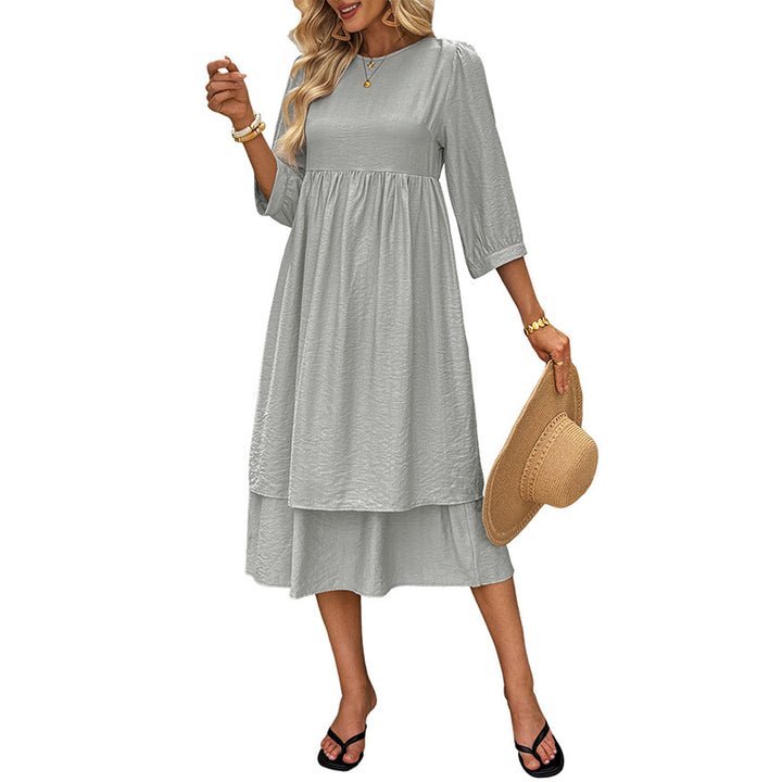 Damen Lagen-Midikleid mit geraffter Taille, 3/4-Ärmeln und lockerem A-Linien-Schnitt Drune