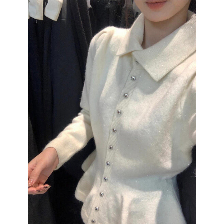Damen Peplum-Oberteil aus weichem Strick mit eleganten Knöpfen Drune