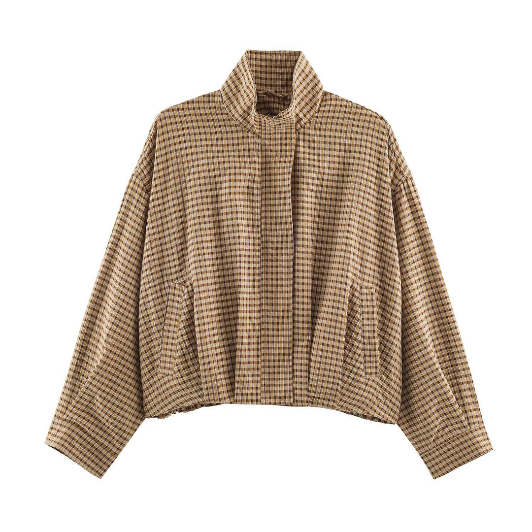 Damen Karo-Übergangsjacke im Oversize-Cropped-Schnitt mit hohem Stehkragen Drune