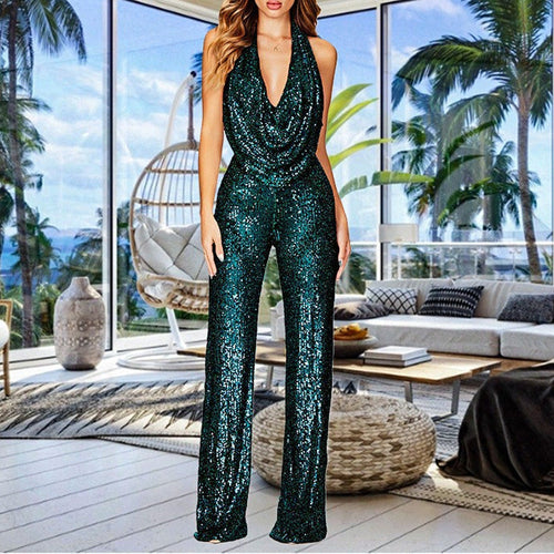 Damen Glitzerndes Jumpsuit mit tiefem V-Ausschnitt und weitem Bein Drune