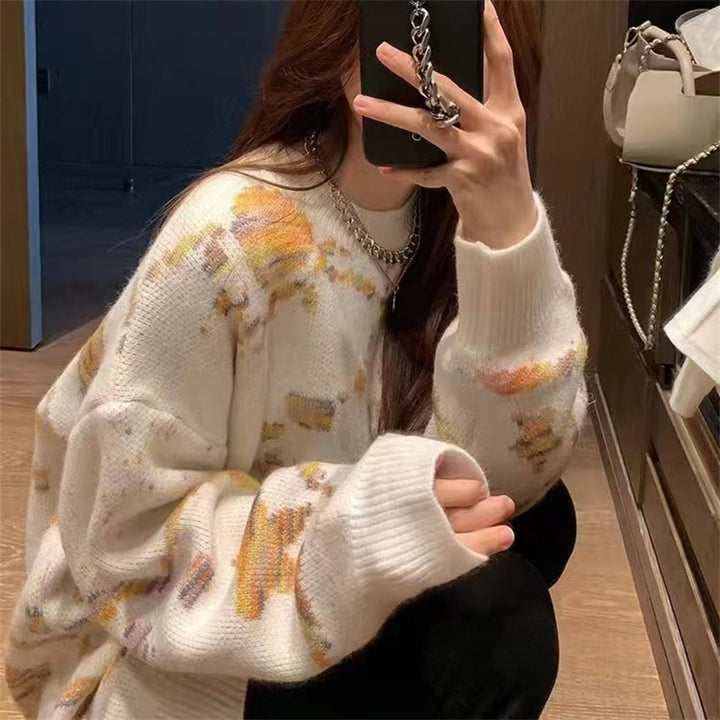 Damen Gemusterter Grobstrickpullover mit weitem Schnitt Drune