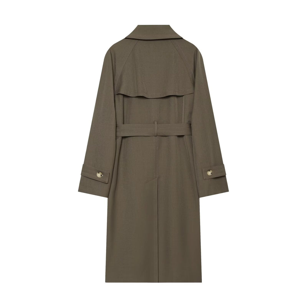 Damen Langer Doppelreihiger Trenchcoat mit Taillengürtel und Raglanärmeln Drune