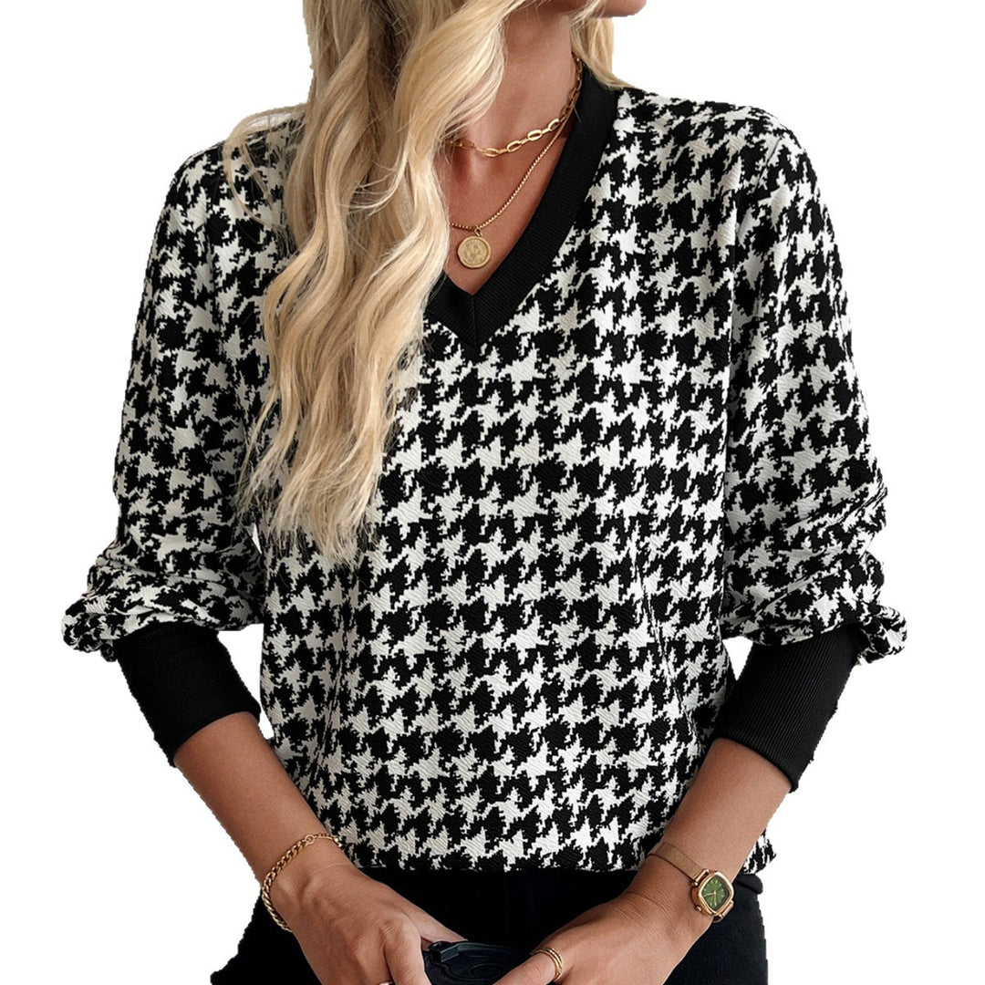 Damen nan V-Ausschnitt Strickpullover mit Hahnentrittmuster und gerippten Bündchen Drune