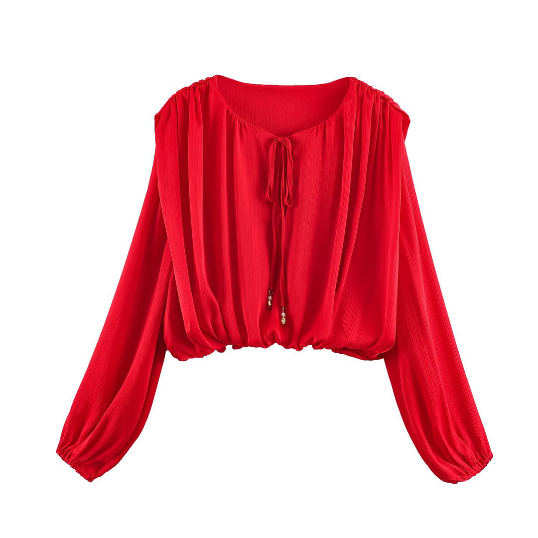 Damen Cropped-Bluse im Boho-Stil mit Kordelbindung, Ballonärmeln und Gummizug Drune