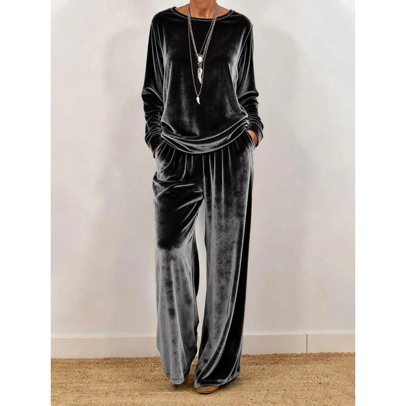 Damen Samt-Loungewear-Set mit weitem Bein, elastischem Bund und Rundhalsausschnitt Drune