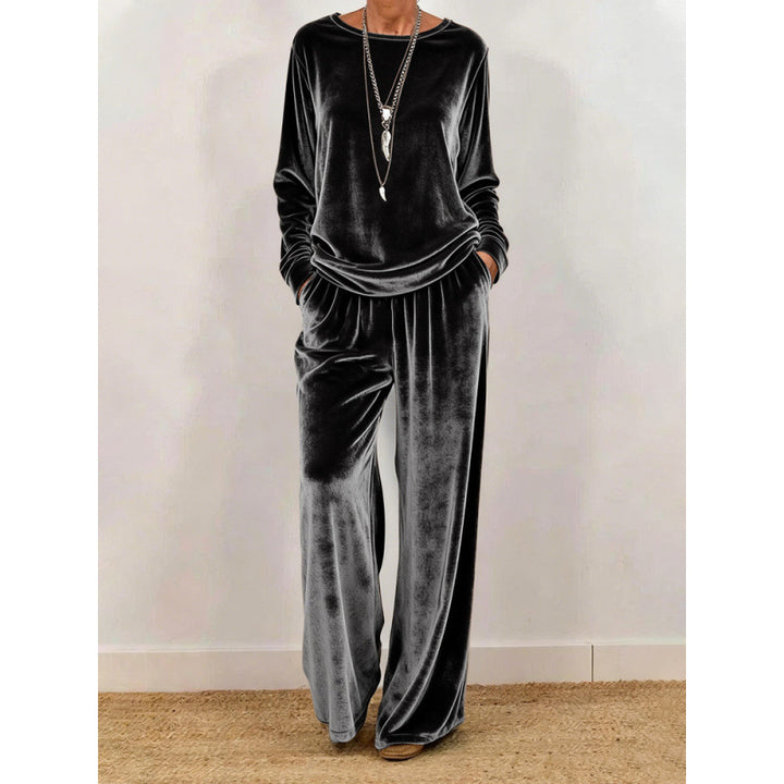 Damen Samt-Loungewear-Set mit weitem Bein, elastischem Bund und Rundhalsausschnitt Drune