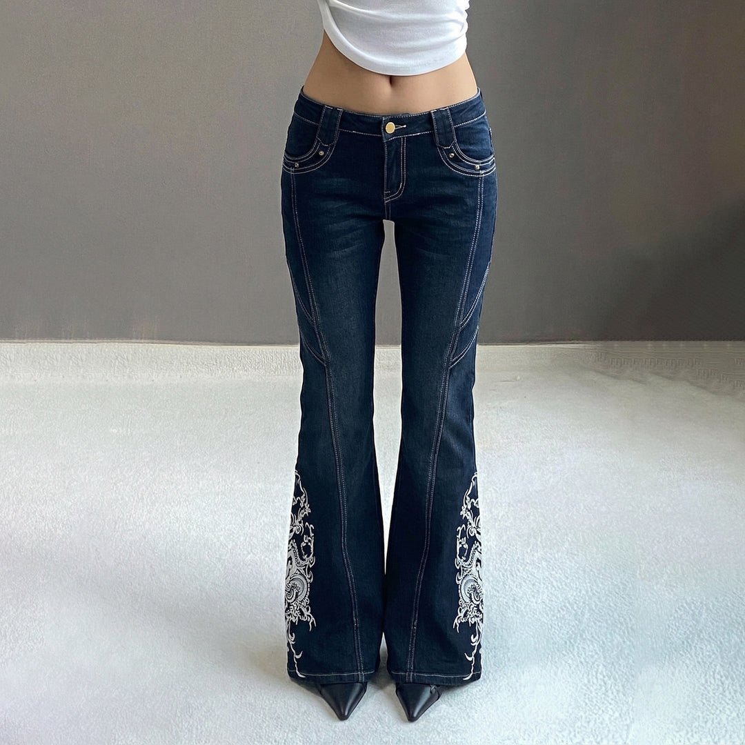 Damen Schlagjeans mit hoher Taille, dekorativer Seitenstickerei und ausgestelltem Bootcut Drune