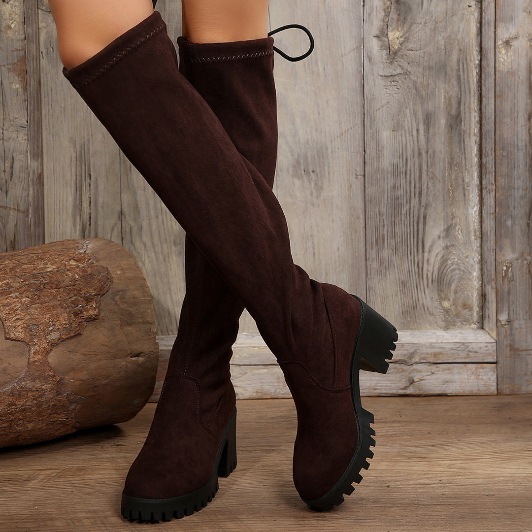 Damen Overknee-Stiefel mit Leopardmuster, Stretchschaft und klobiger Lug-Sohle Drune