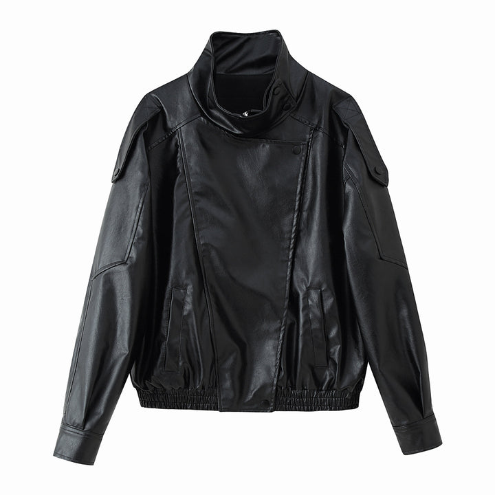 Unisex nan weite Bikerstil Kunstlederjacke mit Stehkragen und elastischem Saum Drune
