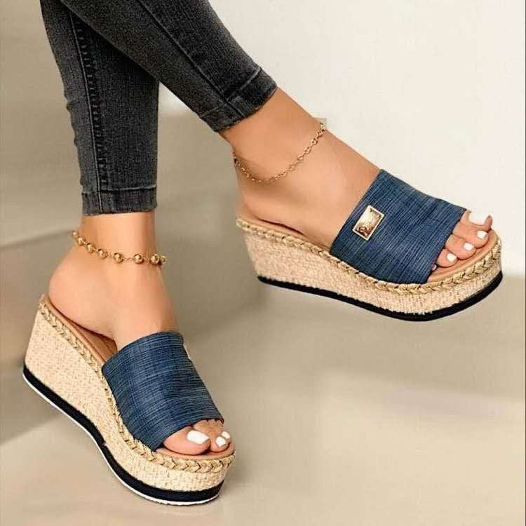 Damen  Espadrille-Keilpantoletten mit geflochtenem Bast-Plateau, breitem gewebtem Riemen und weicher Komfortsohle Drune