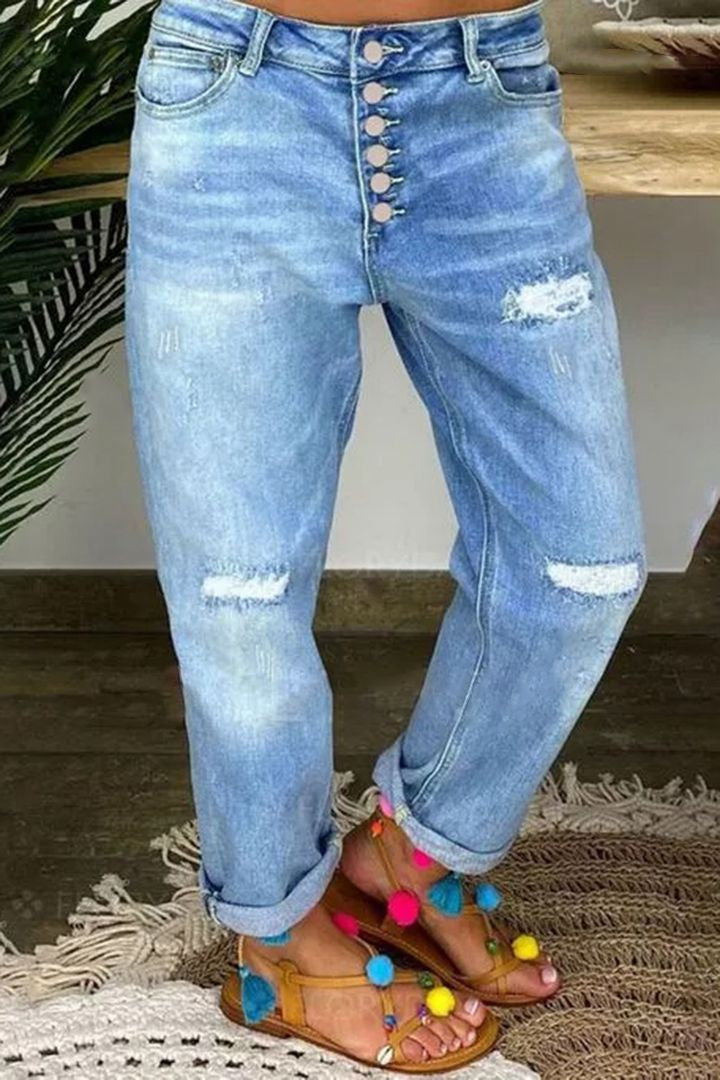 Damen Boyfriend Jeans mit Knopfleiste und distressed Effekten Drune