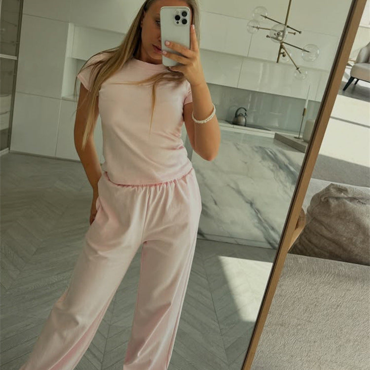 Damen figurnahes Kurzarm-Rippshirt und elastische High-Waist-Loungehose Set Drune