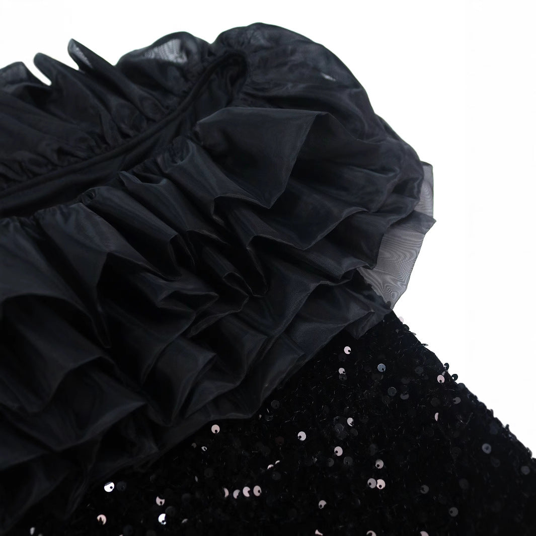 Damen glamouröses Abendkleid mit voluminösen Rüschen und Pailletten Drune