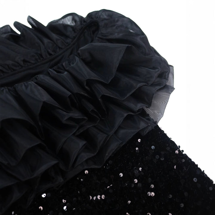 Damen glamouröses Abendkleid mit voluminösen Rüschen und Pailletten Drune