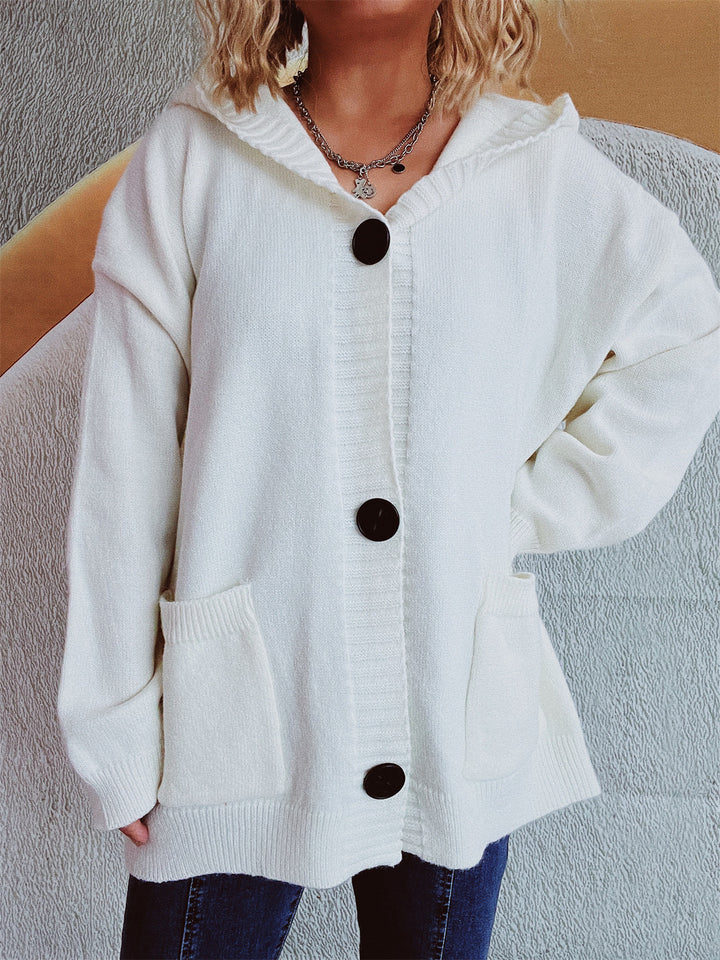 Damen kuschelige Strickjacke mit Kapuze und aufgesetzten Taschen Drune