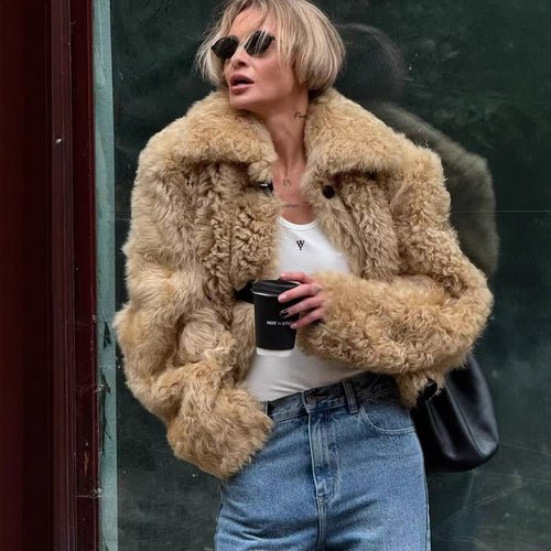 Damen kuschelige Teddyjacke mit Knopfverschluss und praktischen Taschen Drune
