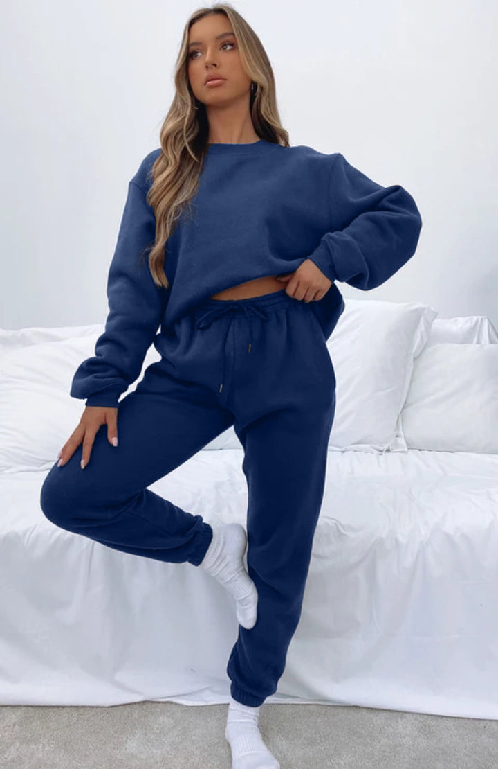 Damen nan zweiteiliges Cozy-Loungewear-Set mit Oversize-Rundhals und hochgeschnittener Jogginghose mit Kordelzug Drune