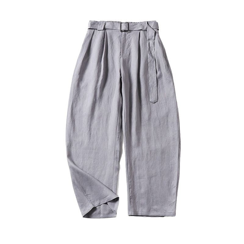 Damen Hochtaillierte Leinen-Baumwoll Bundfaltenhose mit Bindegürtel und tapered Bein Drune