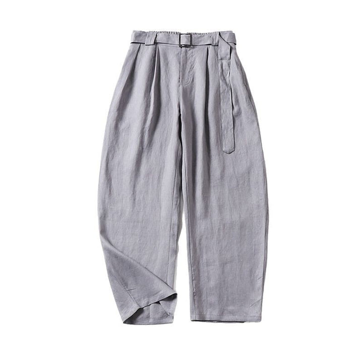 Damen Hochtaillierte Leinen-Baumwoll Bundfaltenhose mit Bindegürtel und tapered Bein Drune