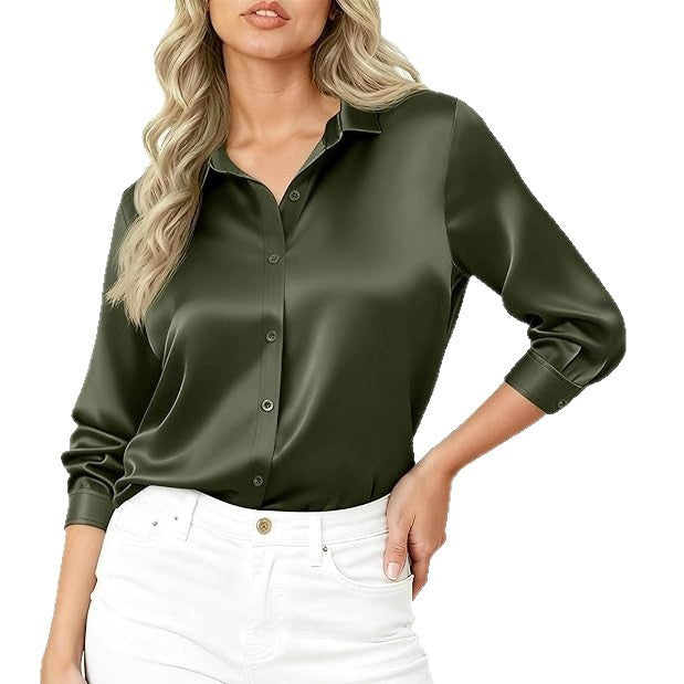 Damen Seidiges Satin-Blusenshirt mit Hemdkragen und dreiviertel Ärmeln Drune