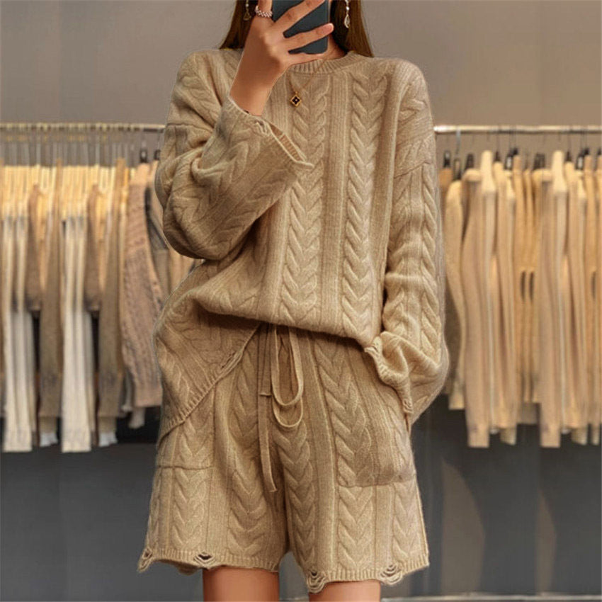 Damen nan kuscheliges Zopfmuster-Strickset mit Rundhals-Pullover und Taillen-Shorts Drune