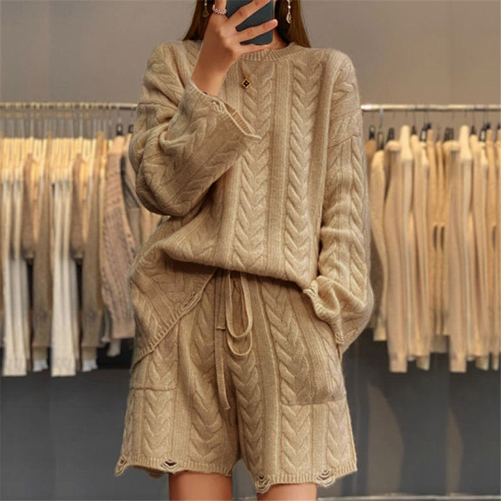 Damen nan kuscheliges Zopfmuster-Strickset mit Rundhals-Pullover und Taillen-Shorts Drune