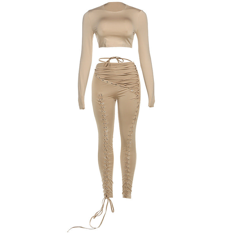 Damen Crop-Top und Hoch geschnittene Leggings mit Schnürdetails Drune