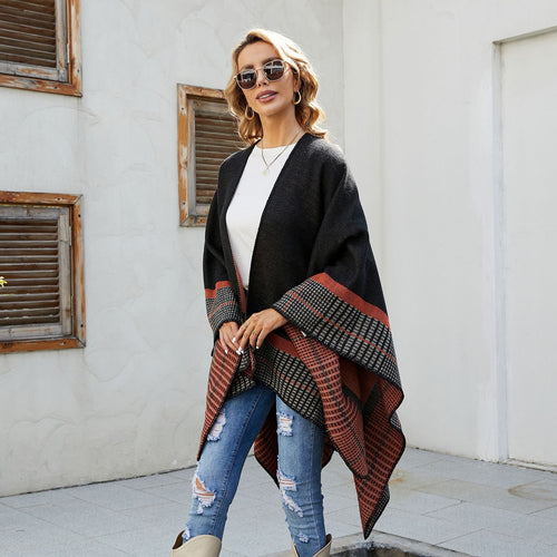 Damen Oversize-Capeponcho aus Wollmix mit kastigem Fall und feiner Bordürenstruktur Drune
