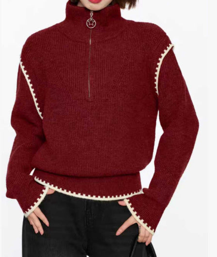Damen modischer Pullover mit hochgeschlossenem Kragen und besonderen Ärmelabschlüssen Drune