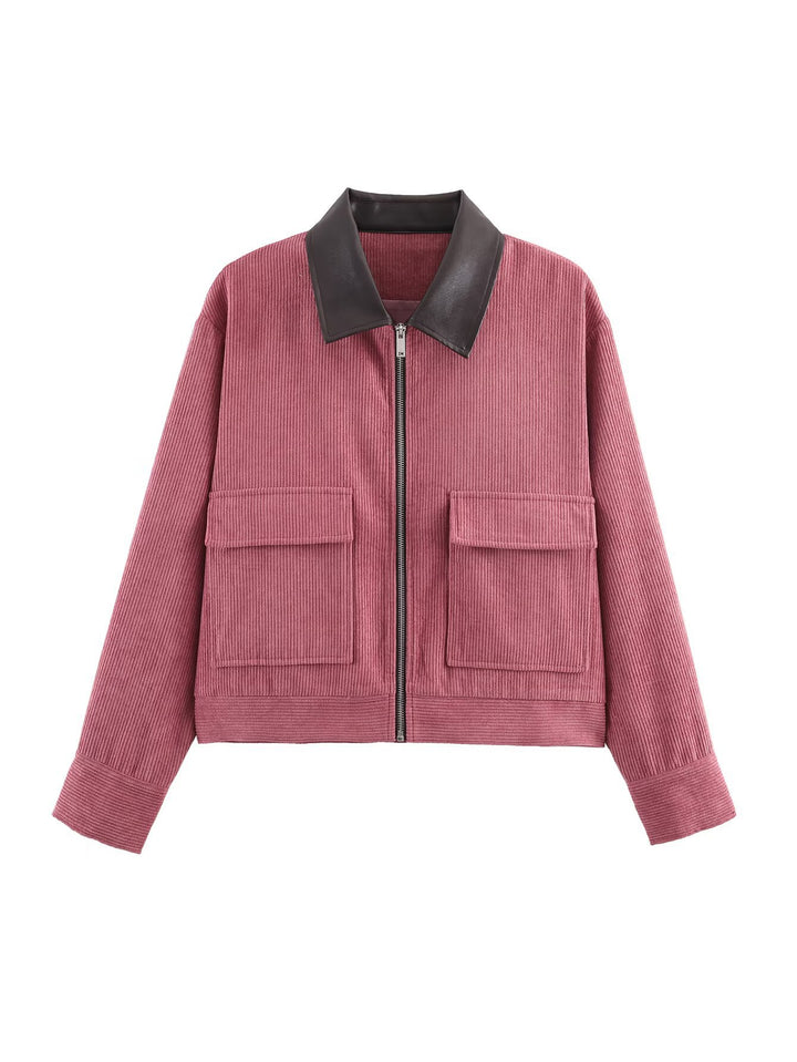 Damen Cropped-Kord-Strickjacke mit markanter Rippenstruktur, Kunstleder-Umlegekragen und Pattentaschen Drune