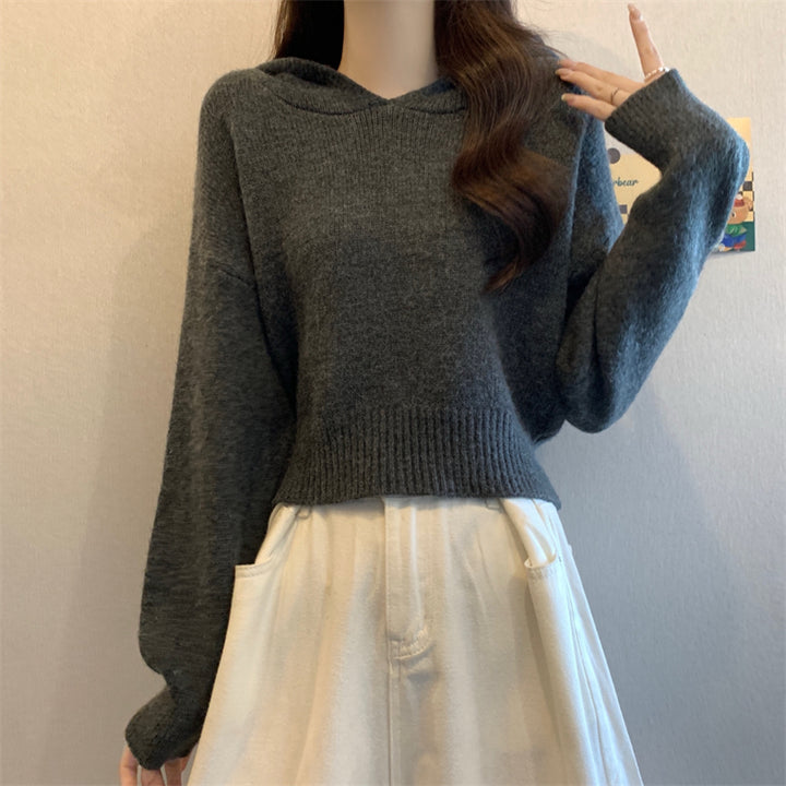 Damen lässiger Strickpullover mit Kapuze und lockeren Ärmeln Drune