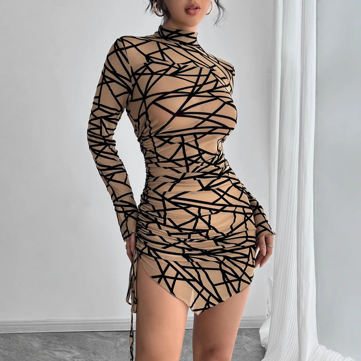 Damen nan figurbetontes transparentes Langarm Minikleid mit Rollkragen und seitlicher Raffung Drune