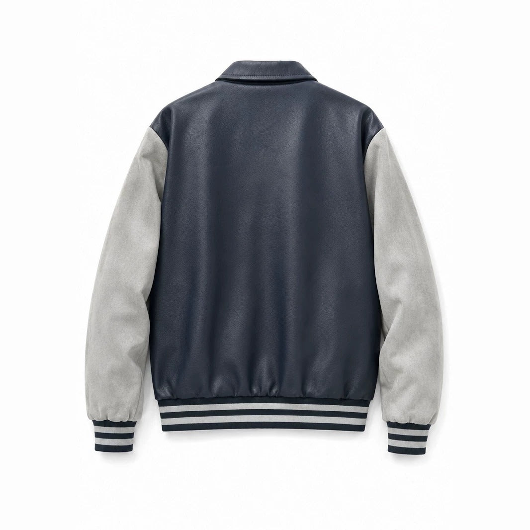 Herren Varsity-Bomberjacke im College-Stil mit Kunstleder-Körper, Veloursleder-Optikärmeln und bestickten Patches Drune