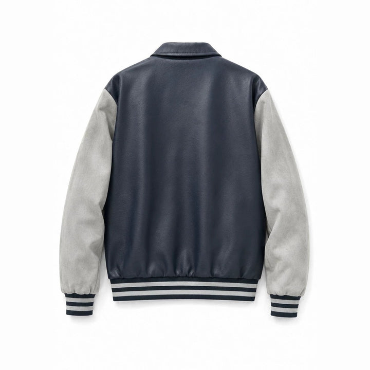 Herren Varsity-Bomberjacke im College-Stil mit Kunstleder-Körper, Veloursleder-Optikärmeln und bestickten Patches Drune