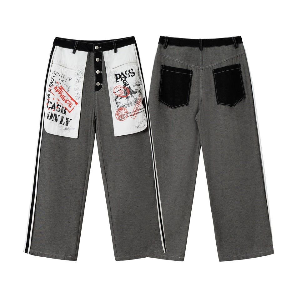 Damen Wide-Leg Cargo-Jeans mit aufgesetzten Grafik-Patches und Kontraststreifen Drune