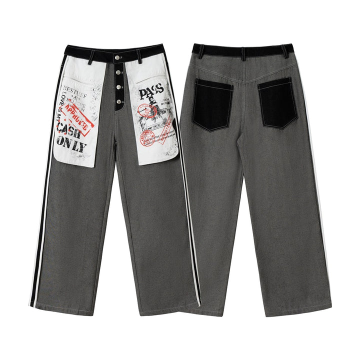 Damen Wide-Leg Cargo-Jeans mit aufgesetzten Grafik-Patches und Kontraststreifen Drune